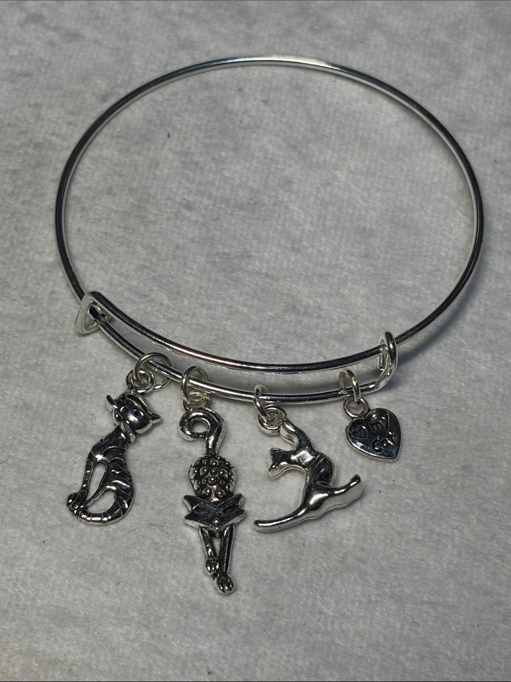 Cattitude Silver Cat Charm Adjustable Bangle Bracelet